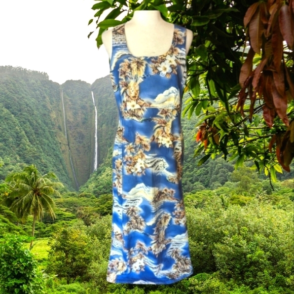 Hilo Hattie's Dress Hawaiian palm print sleeveless cotton blend Blue maxi  Sz 12 - Picture 1 of 10